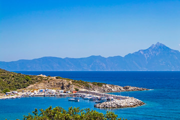 Beautiful seascape with view of Mount Athos. Chalkidiki, Greece