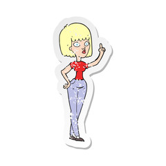 retro distressed sticker of a cartoon woman with idea