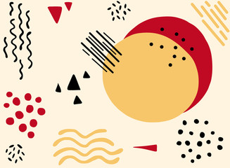 Vector abstact art. Texture made of colorful yellow red, black spots, circles. Simple illustration template for invitations, cards, banner, textile, wrapping paper and other design. Beige background 
