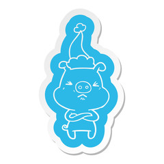 cartoon  sticker of a angry pig wearing santa hat