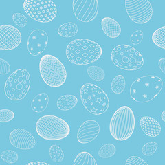 Seamless pattern with flowers, rabbit, and easter eggs on color background. Easter holiday background for logo, banner, post. Happy Easter day