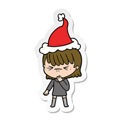 sticker cartoon of a girl regretting a mistake wearing santa hat