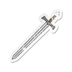 distressed sticker of a quirky hand drawn cartoon sword