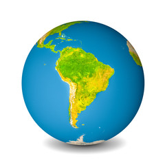 Earth globe isolated on whitebackground. Satellite view focused on South America. Elements of this image furnished by NASA