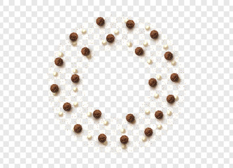 Brown round chocolates, pearls and placer of glitter isolated on transparent background.