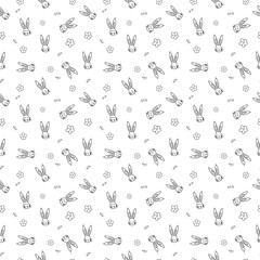 Fototapeta premium Seamless pattern with flowers, rabbit, and easter eggs on color background. Easter holiday background for logo, banner, post. Happy Easter day