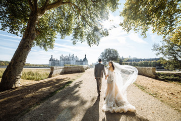 Beautiful photo of happy newlywed couple. Bride in a luxurious dress with a long bridal veil. They...
