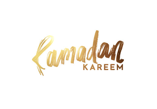 Ramadan Kareem. Text golden handwritten calligraphy. Lettering isolated on white background