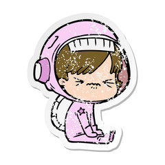 distressed sticker of a angry cartoon space girl