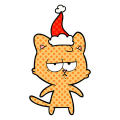 bored comic book style illustration of a cat wearing santa hat