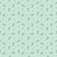 Seamless pattern with flowers, rabbit, and easter eggs on color background. Easter holiday background for logo, banner, post. Happy Easter day