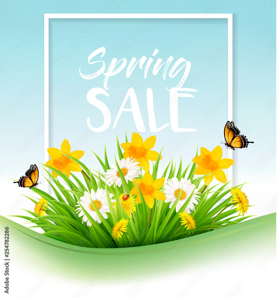 Aufkleber spring sale background with grass, flowers and a butterfly. vector.