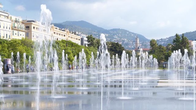 Beautiful fountains at the Promenade du Paillon near Place Massena in Nice, France