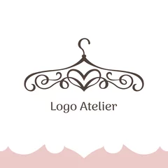 Fotobehang Logo for Atelier, wedding boutique, women's dress shop. Vector template of the brand for the fashion designer. Stylized clothes hanger made of twisted lines and heart © Aleksandra Kholodova