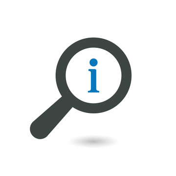 Find icon with information sign. Find icon and about, faq, help, hint symbol
