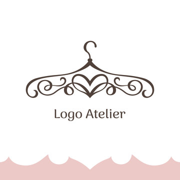 Logo for Atelier, wedding boutique, women's dress shop. Vector template of the brand for the fashion designer. Stylized clothes hanger made of twisted lines and heart