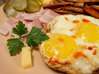 Breakfast fried eggs, bacon, potatoes