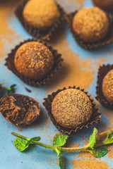 Cocoa balls, handmade chocolate balls cakes in a blue tray