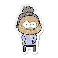distressed sticker of a cartoon happy old woman