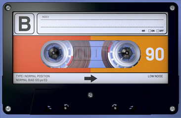 3d illustration of a side view of a transparent audio cassette with sticker and label