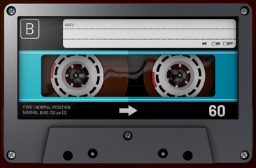 3d illustration of a side view of a transparent audio cassette with sticker and label
