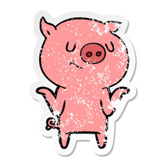 distressed sticker of a happy cartoon pig