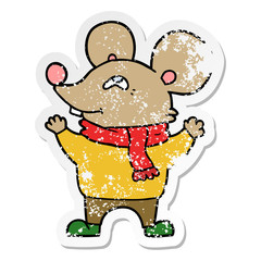 distressed sticker of a cartoon mouse wearing scarf