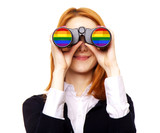 Business woman seeking with binocular. Rainbow LGBT