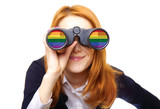 Business woman seeking with binocular. Rainbow LGBT