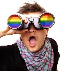 Surprised man with binocular and LGBT rainbow