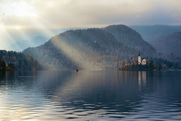 Beautiful landscape at sunset Bled Lake in Slovenia