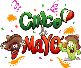 Cartoon cinco de Mayo text clip art. Vector illustration with simple gradients. Some elements on separate layers. 