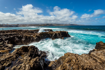 Travels. Canary archipelago. Gran Canaria. Ocean and beach in Las Palmas