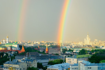 Aerial view of Rainbow and Kremlin in Moscow city