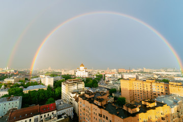 Aerial view with Rainbow on Christ Savior Cathedral in Moscow