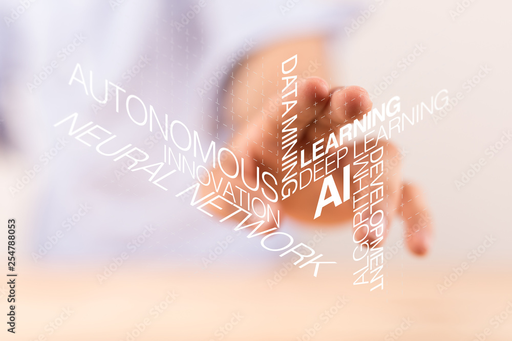 Poster Big data and artificial intelligence concept. Machine learning and cyber mind domination concept in form of women face outline outline with circuit board and binary data flow on blue background..