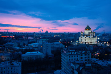 Magical sunrise at Christ Savior Orthodox Church in Moscow