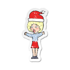 retro distressed sticker of a cartoon woman wearing xmas hat