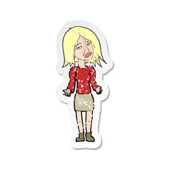 retro distressed sticker of a cartoon woman shrugging shoulders