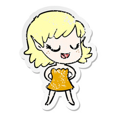 distressed sticker of a happy cartoon elf girl