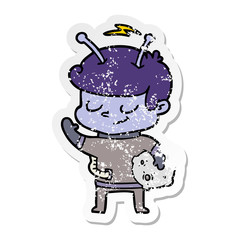distressed sticker of a friendly cartoon spaceman holding meteor