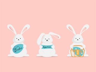 Easter and Little Bunny cute rabbit. Holiday greeting element. Egg colorful and ribbon.