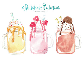 watercolor milkshakes with chocolate, Strawberry, ice cream and macaroons, hand drawn illustration