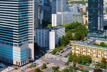 Obraz premium Skyline of road and modern skyscrapers in Warsaw city center