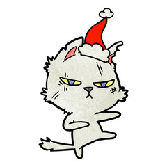 tough textured cartoon of a cat wearing santa hat