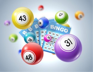 Lotto balls and lottery tickets with numbers