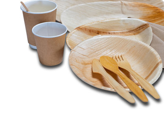 Set of wooden disposable tableware and plates and cutlery picnic