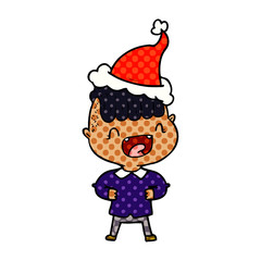 comic book style illustration of a happy boy laughing wearing santa hat