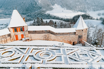 Garden of Gruyeres Castle in Gruyeres town village winter