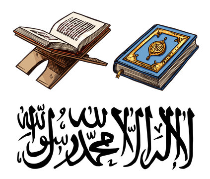 Islam religion symbol with Quaran book on stand